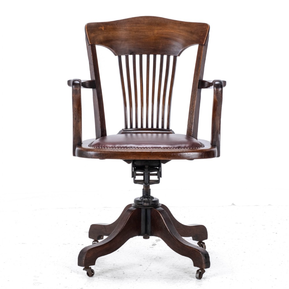 C1920s Mahogany Leather Upholstered Swivel Adjustable Desk Armchair View XIII