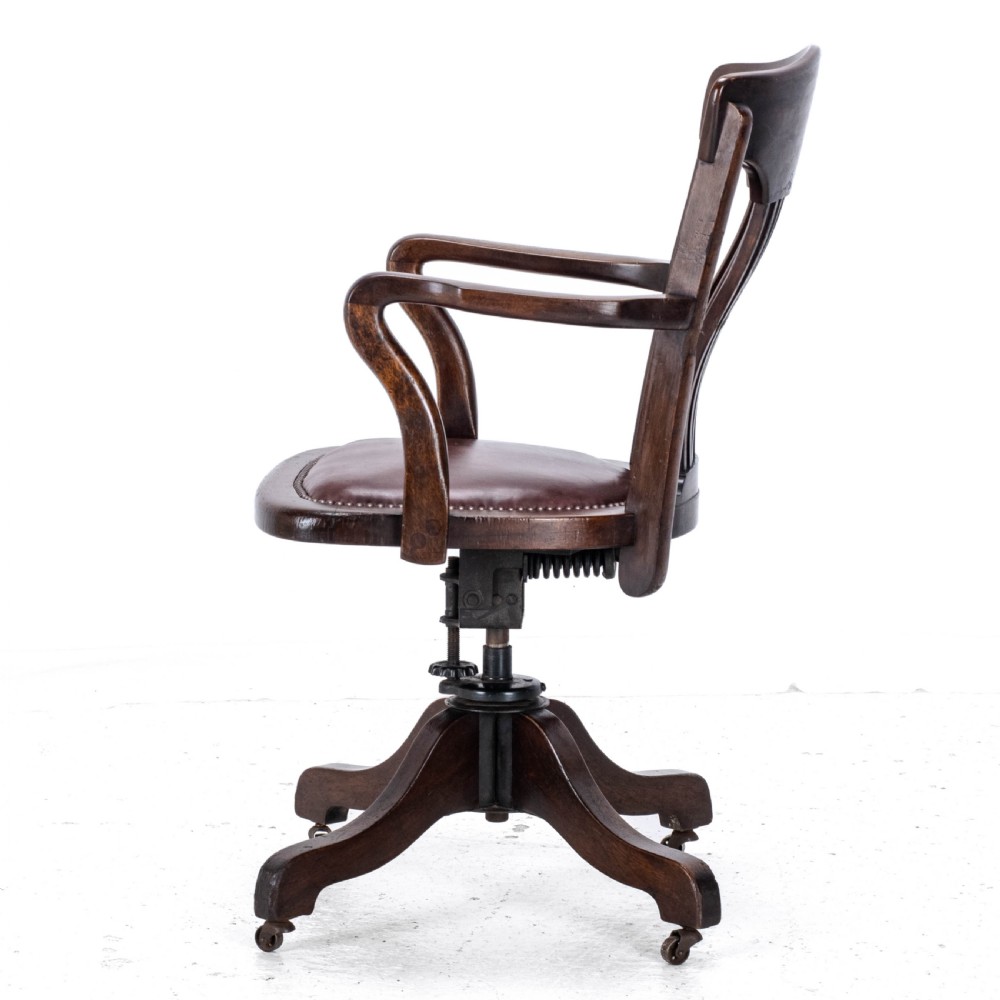 C1920s Mahogany Leather Upholstered Swivel Adjustable Desk Armchair View XIV