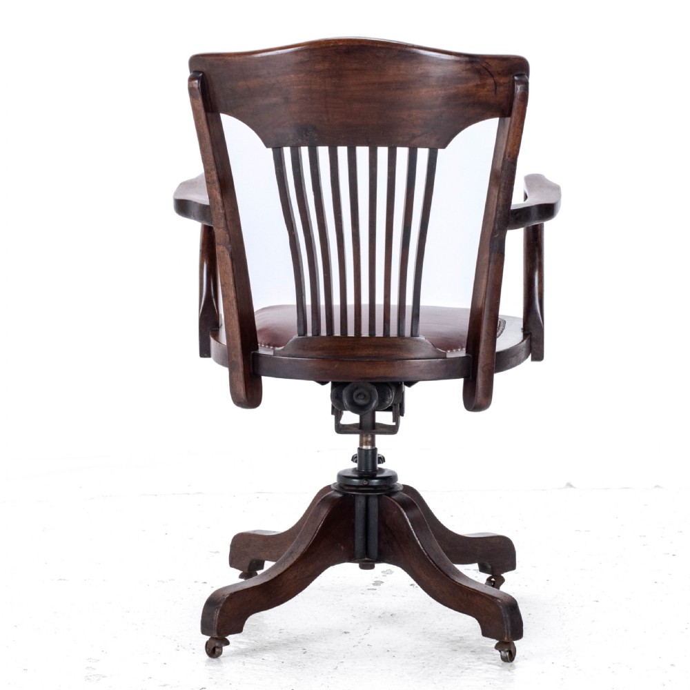 C1920s Mahogany Leather Upholstered Swivel Adjustable Desk Armchair View XV