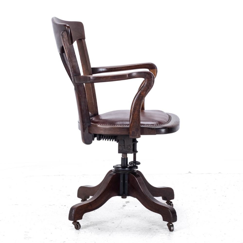 C1920s Mahogany Leather Upholstered Swivel Adjustable Desk Armchair View XVI