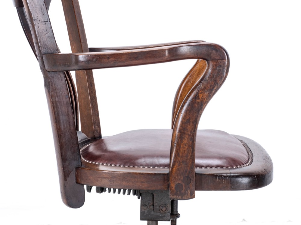 C1920s Mahogany Leather Upholstered Swivel Adjustable Desk Armchair View XVII