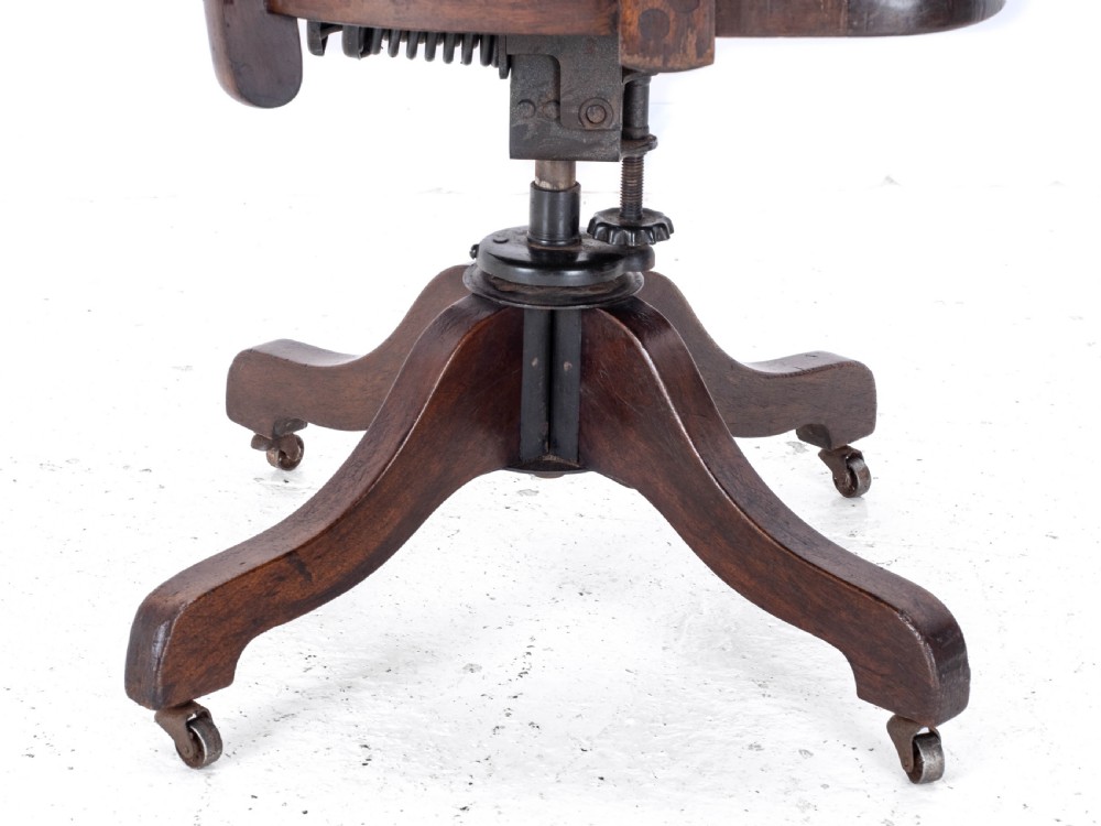 C1920s Mahogany Leather Upholstered Swivel Adjustable Desk Armchair View XVIII