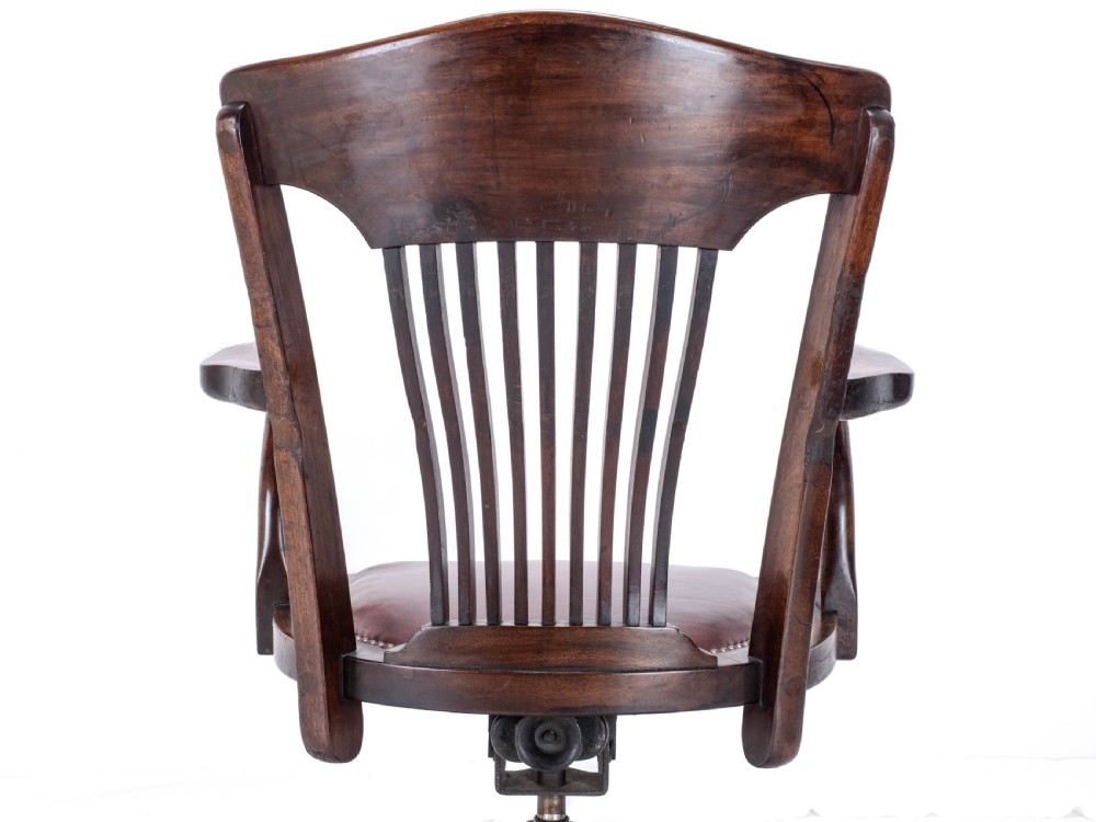 C1920s Mahogany Leather Upholstered Swivel Adjustable Desk Armchair View XX