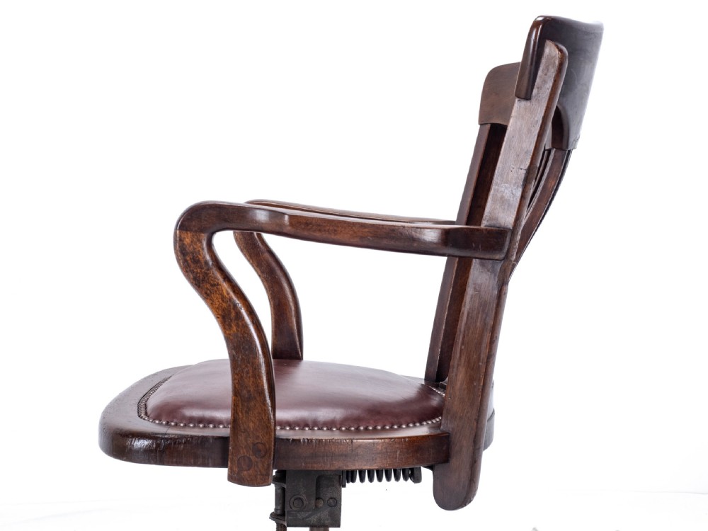 C1920s Mahogany Leather Upholstered Swivel Adjustable Desk Armchair View XXI