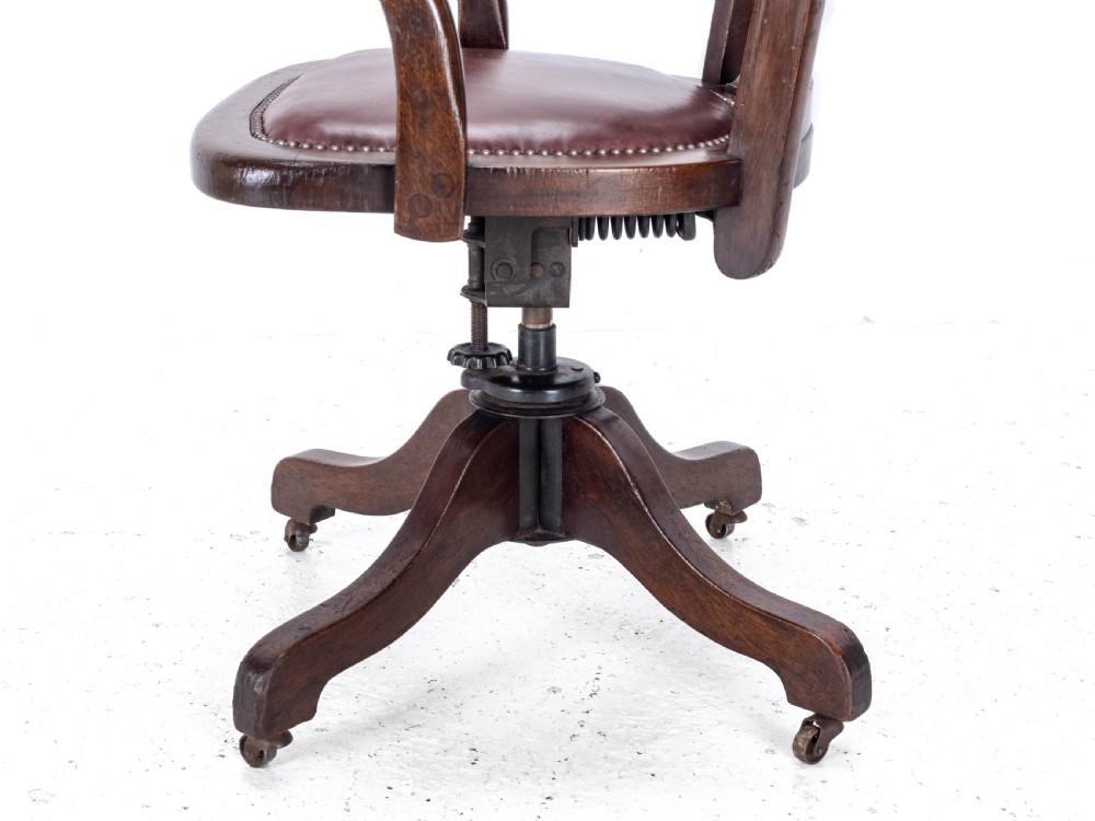 C1920s Mahogany Leather Upholstered Swivel Adjustable Desk Armchair View XXII