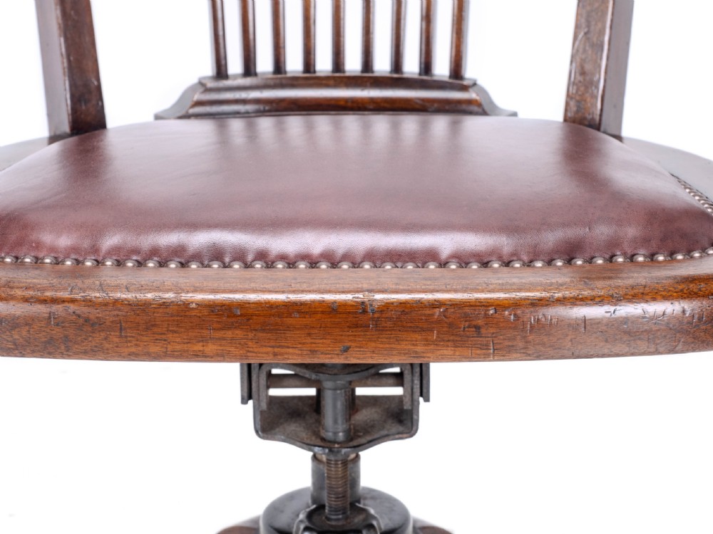 C1920s Mahogany Leather Upholstered Swivel Adjustable Desk Armchair View XXIV