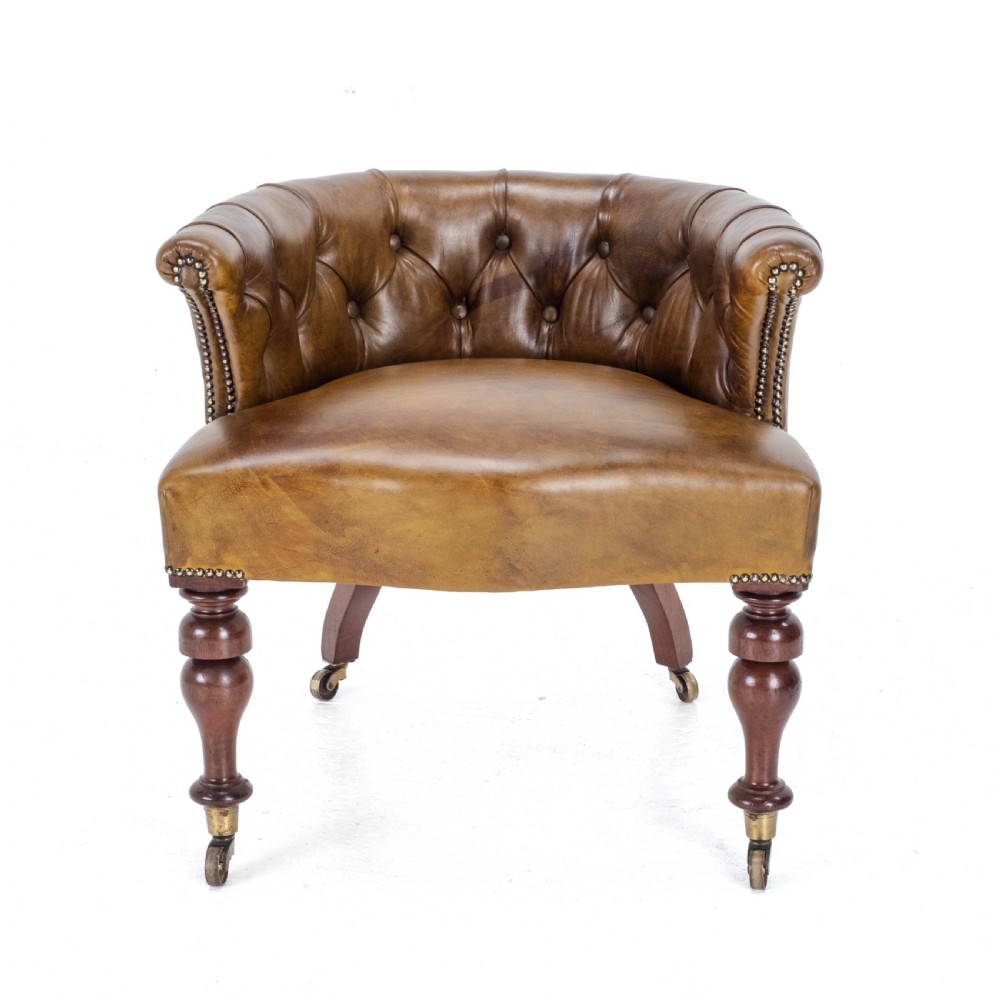 Captains Leather & Mahogany Desk / Tub Chair Armchair C1890 (Victorian) View II