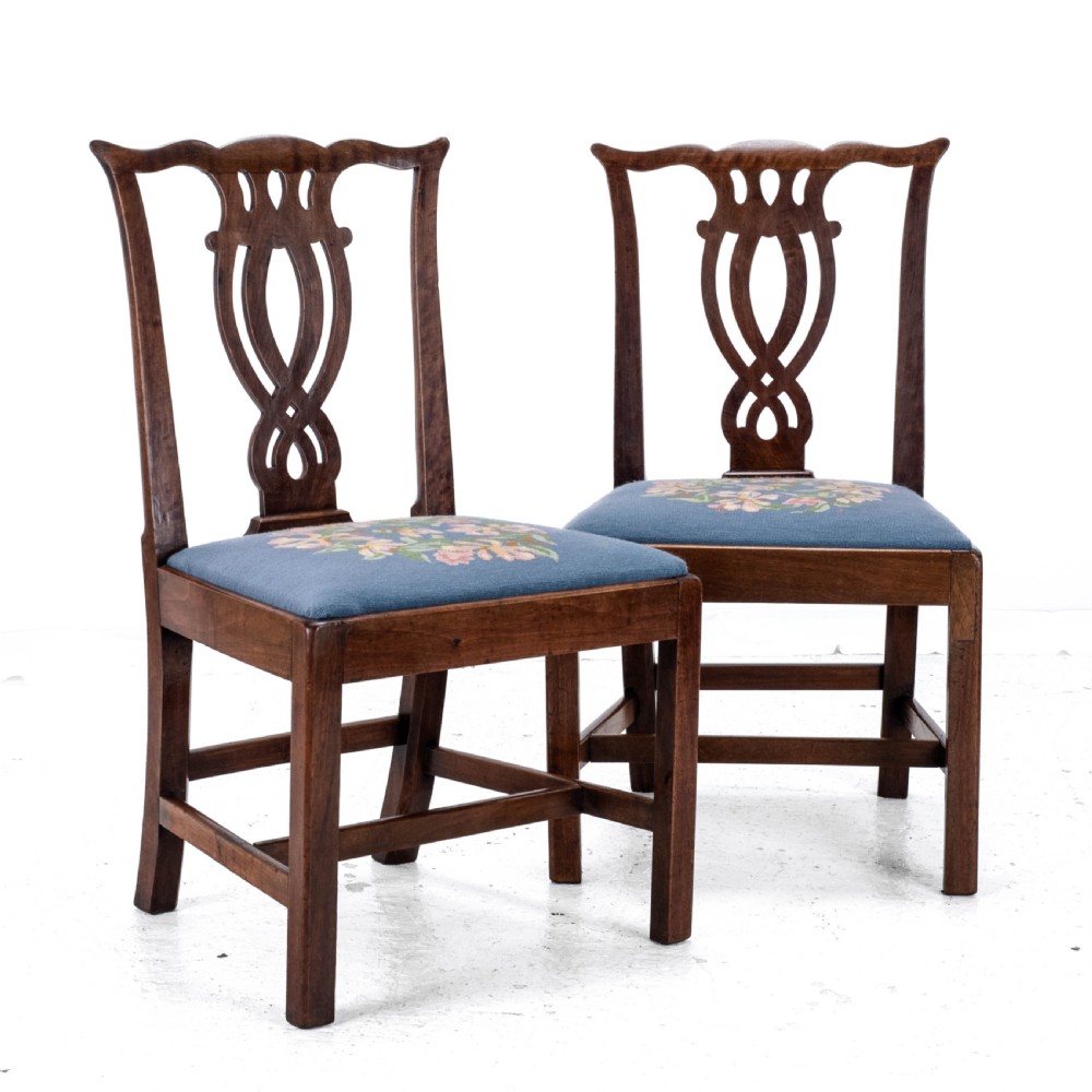 Late C18th Pair of Fruitwood Chippendale Country Tapestry Dining Chairs (Georgian) View III