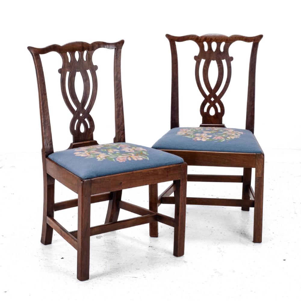 Late C18th Pair of Fruitwood Chippendale Country Tapestry Dining Chairs (Georgian) View IV
