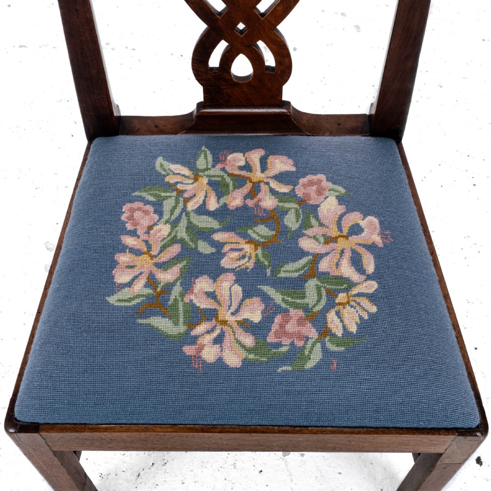 Late C18th Pair of Fruitwood Chippendale Country Tapestry Dining Chairs (Georgian) View X