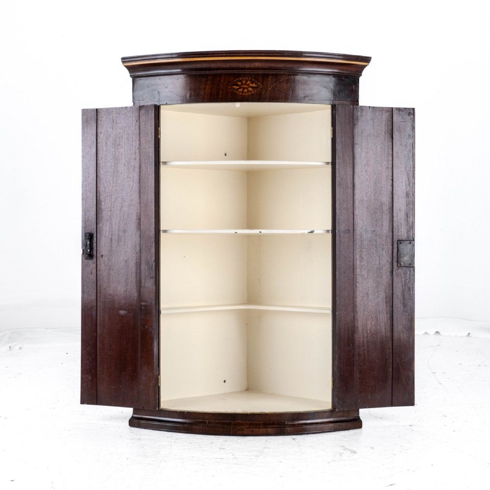 C.18th Georgian Mahogany Inlaid Bow Front Corner Cabinet Wall Mounted (George III) View III