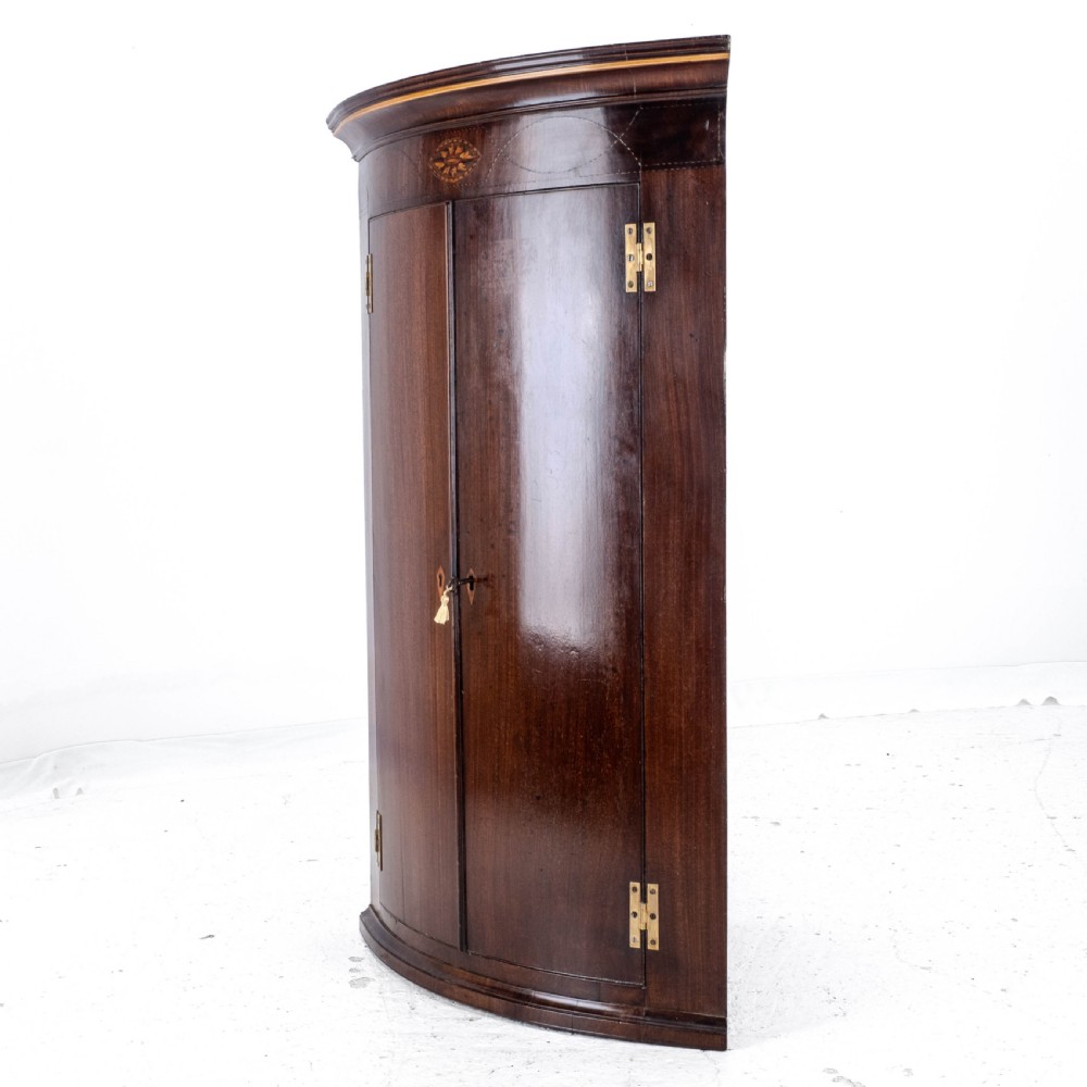 C.18th Georgian Mahogany Inlaid Bow Front Corner Cabinet Wall Mounted (George III) View XV