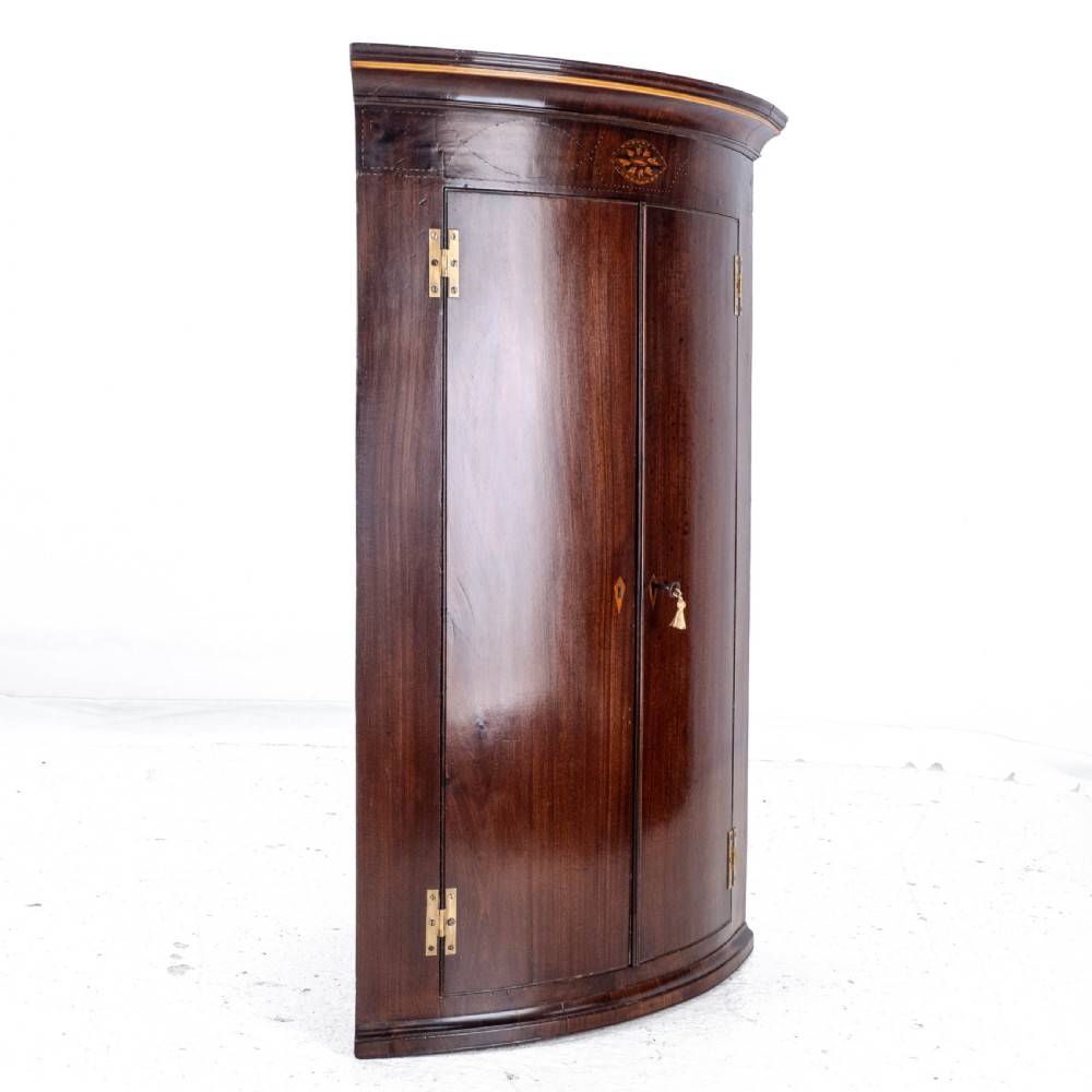 C.18th Georgian Mahogany Inlaid Bow Front Corner Cabinet Wall Mounted (George III) View XVI