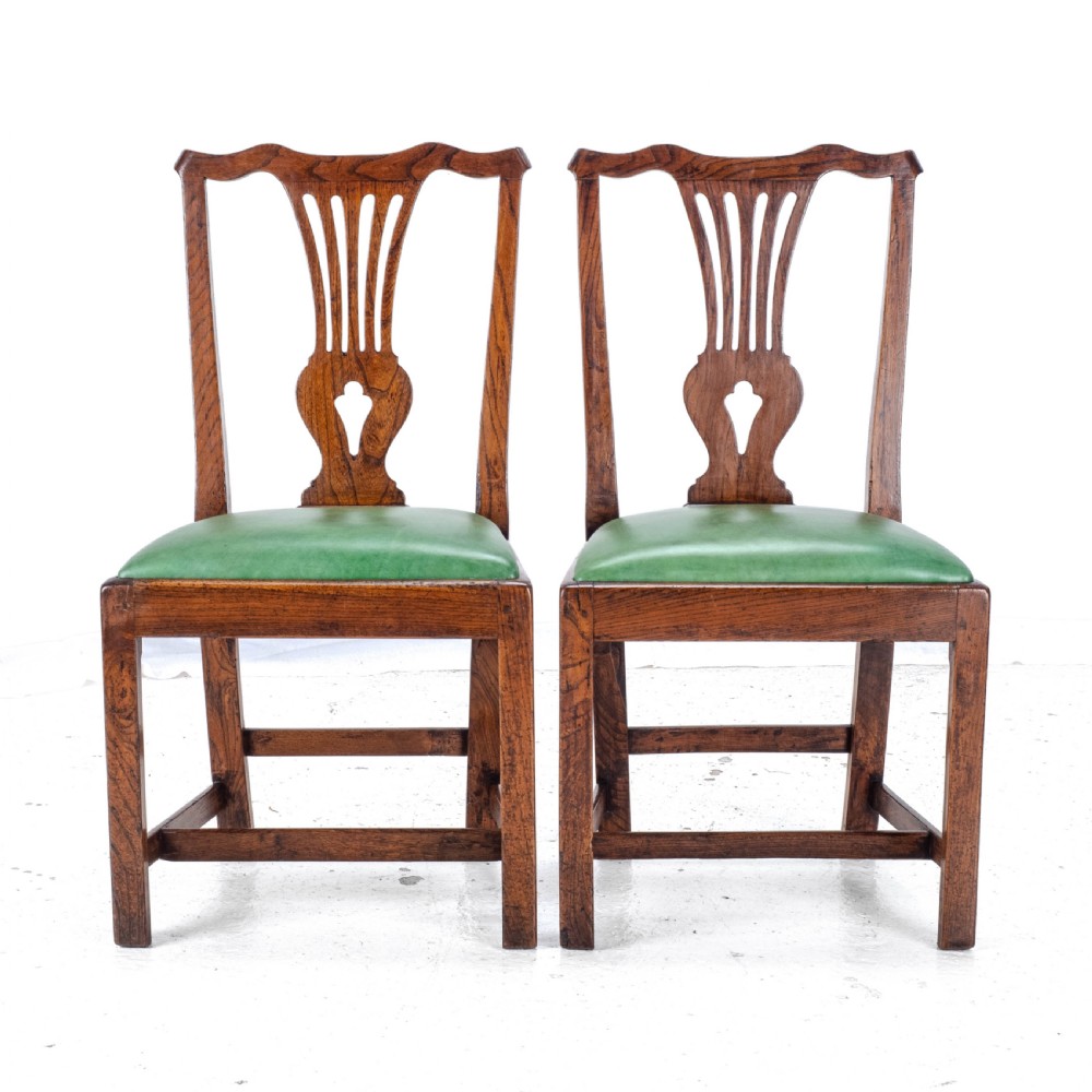 Late c.18th Pair of Chippendale Country Elm & Leather Dining Side Chairs Georgian George III View II
