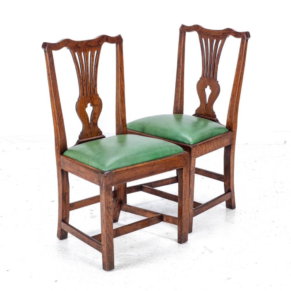 Late c.18th Pair of Chippendale Country Elm & Leather Dining Side Chairs Georgian George III View VI