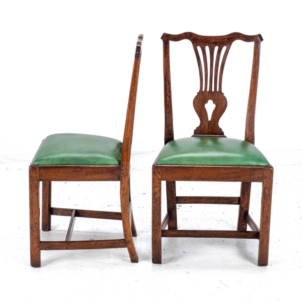 Late c.18th Pair of Chippendale Country Elm & Leather Dining Side Chairs Georgian George III View VIII