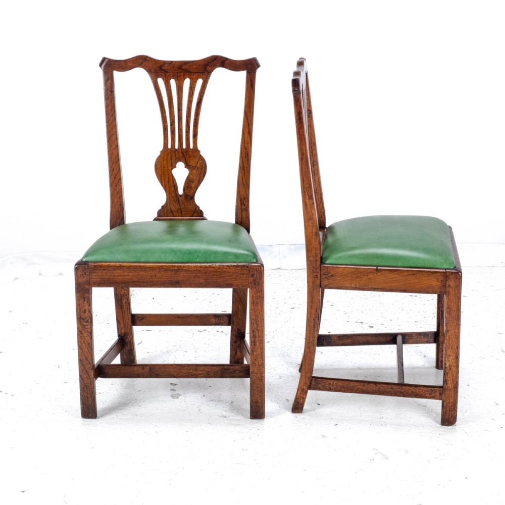 Late c.18th Pair of Chippendale Country Elm & Leather Dining Side Chairs Georgian George III View IX