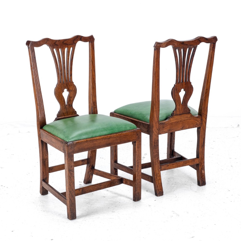Late c.18th Pair of Chippendale Country Elm & Leather Dining Side Chairs Georgian George III View X