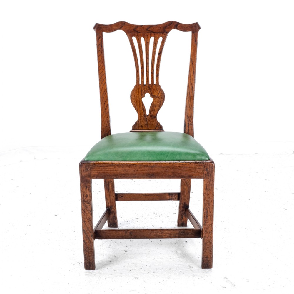 Late c.18th Pair of Chippendale Country Elm & Leather Dining Side Chairs Georgian George III View XI