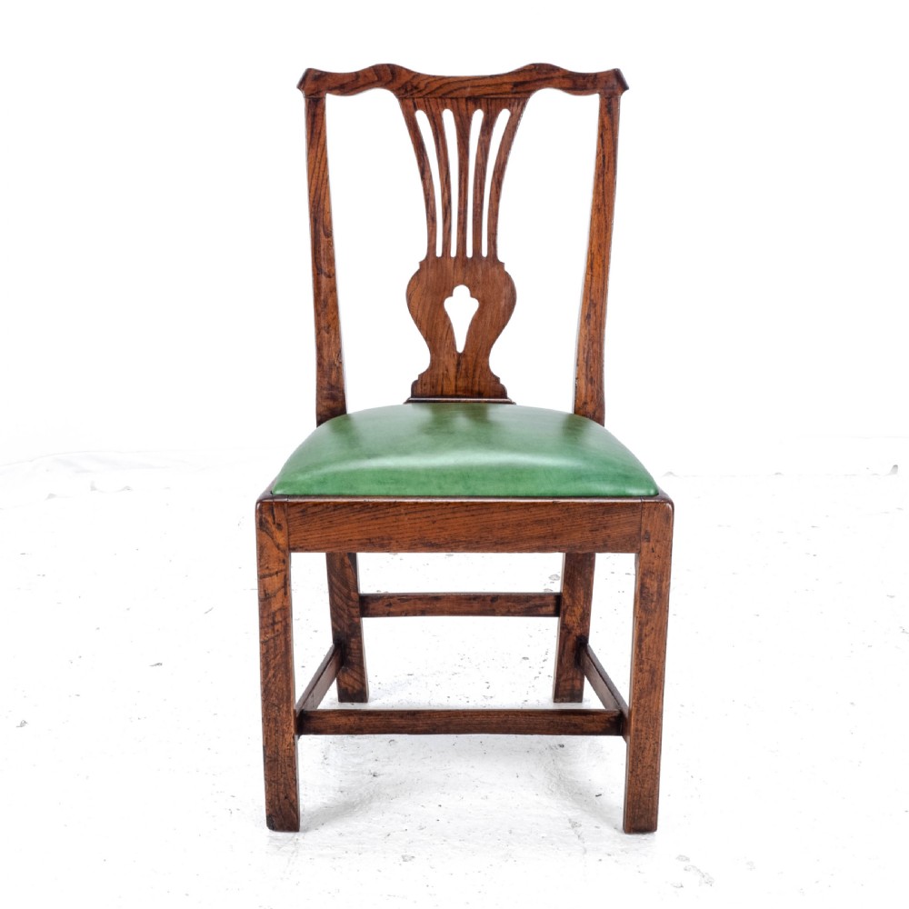 Late c.18th Pair of Chippendale Country Elm & Leather Dining Side Chairs Georgian George III View XII