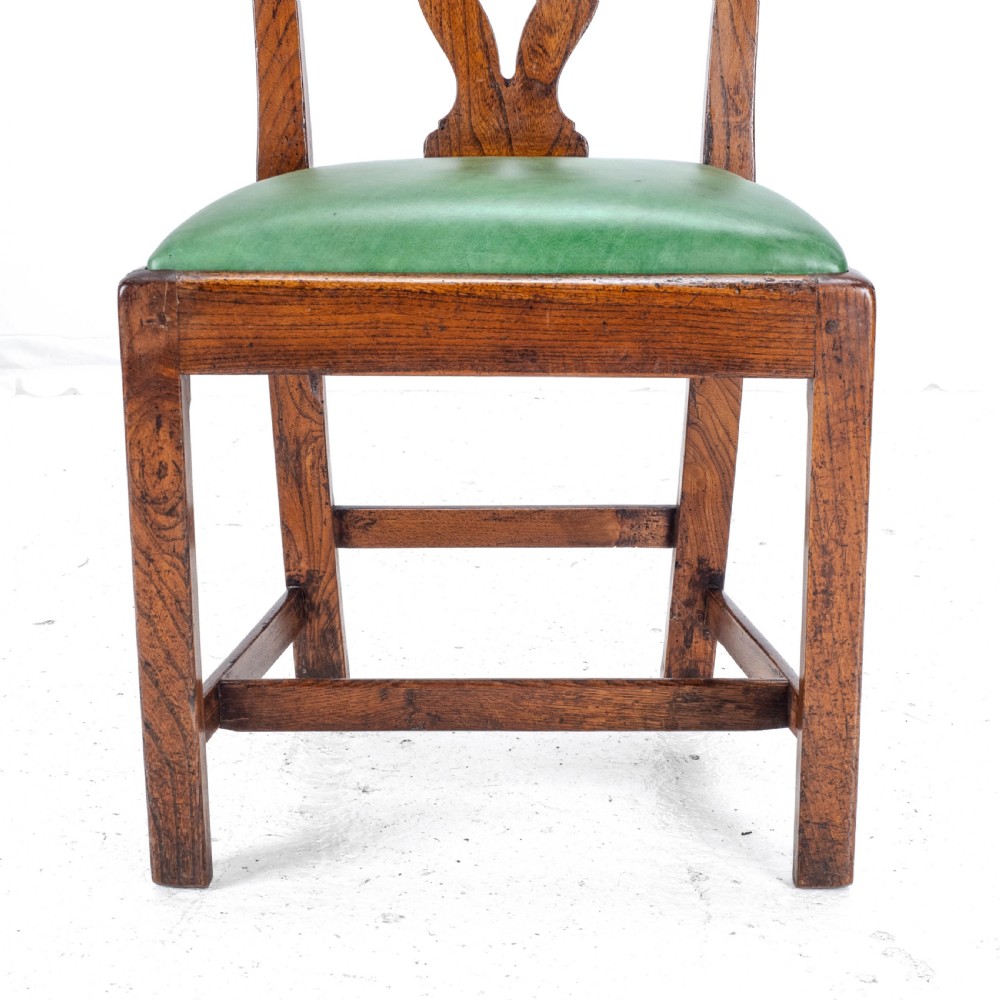 Late c.18th Pair of Chippendale Country Elm & Leather Dining Side Chairs Georgian George III View XV