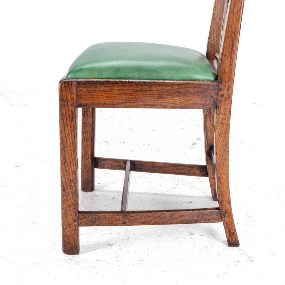Late c.18th Pair of Chippendale Country Elm & Leather Dining Side Chairs Georgian George III View XVIII