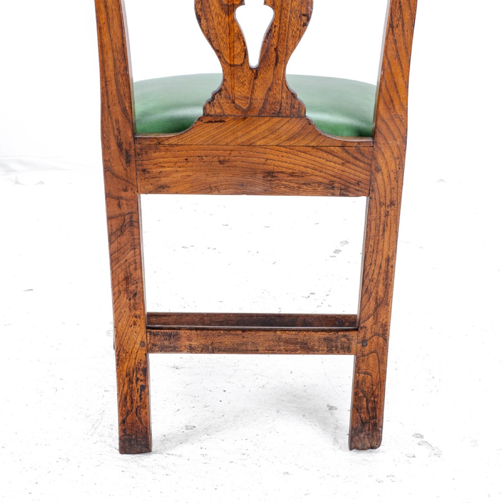 Late c.18th Pair of Chippendale Country Elm & Leather Dining Side Chairs Georgian George III View XIX