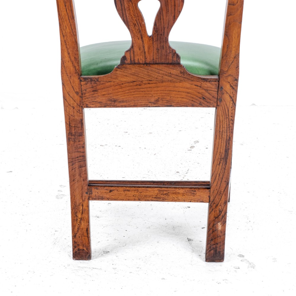 Late c.18th Pair of Chippendale Country Elm & Leather Dining Side Chairs Georgian George III View XX