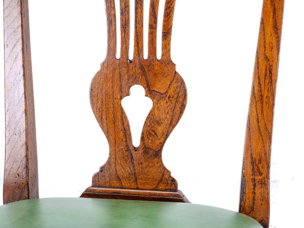 Late c.18th Pair of Chippendale Country Elm & Leather Dining Side Chairs Georgian George III View XXV