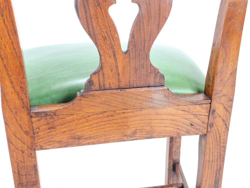 Late c.18th Pair of Chippendale Country Elm & Leather Dining Side Chairs Georgian George III View XXX
