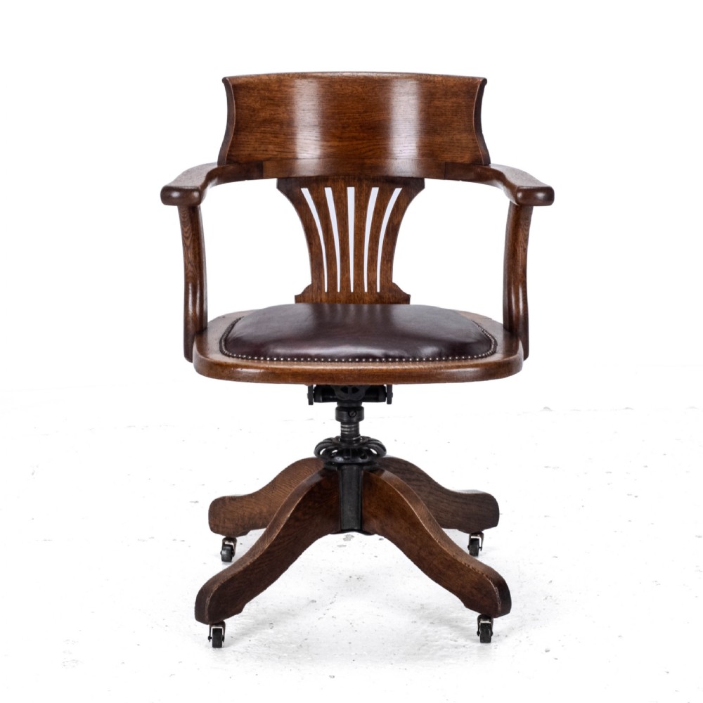 C1920s Oak Leather Upholstered Swivel Adjustable Desk Armchair View II