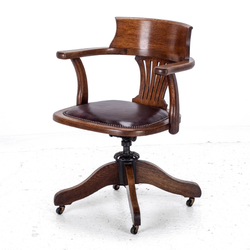 C1920s Oak Leather Upholstered Swivel Adjustable Desk Armchair View III