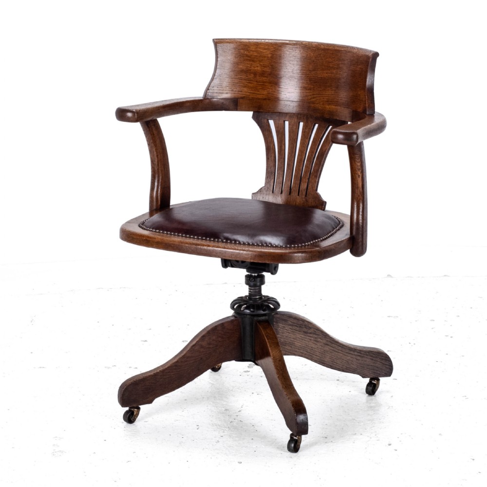 C1920s Oak Leather Upholstered Swivel Adjustable Desk Armchair View IV