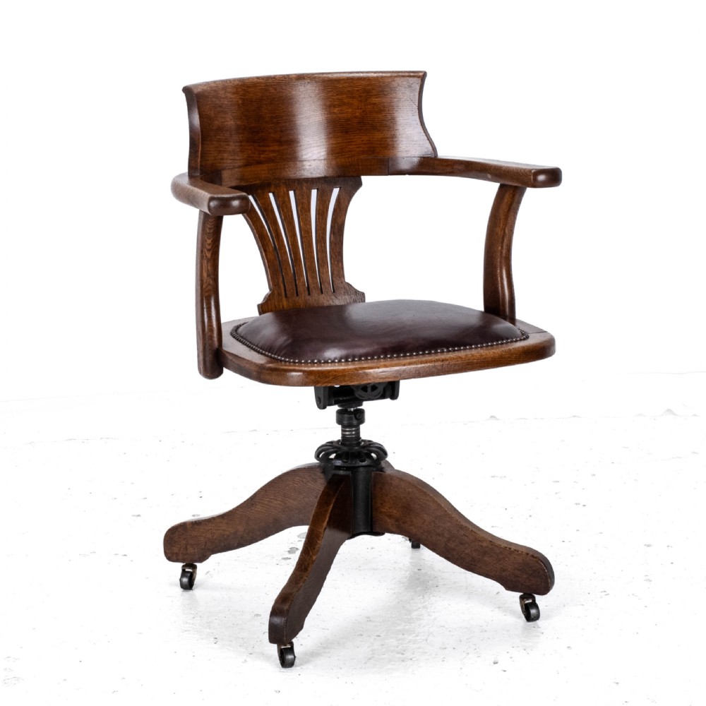 C1920s Oak Leather Upholstered Swivel Adjustable Desk Armchair View V