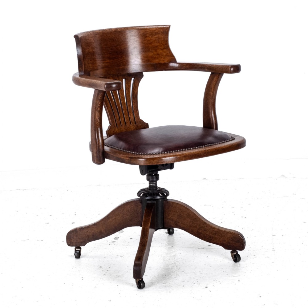 C1920s Oak Leather Upholstered Swivel Adjustable Desk Armchair View VI