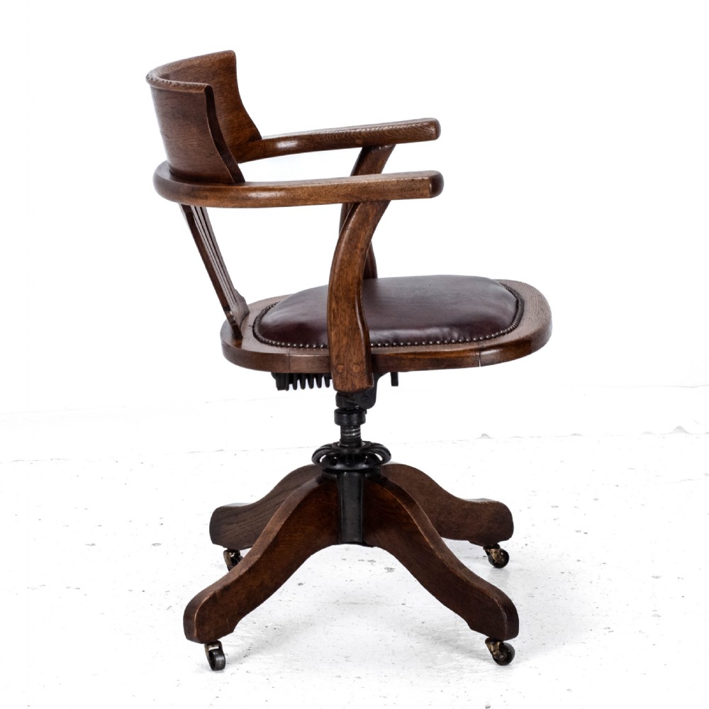 C1920s Oak Leather Upholstered Swivel Adjustable Desk Armchair View VII