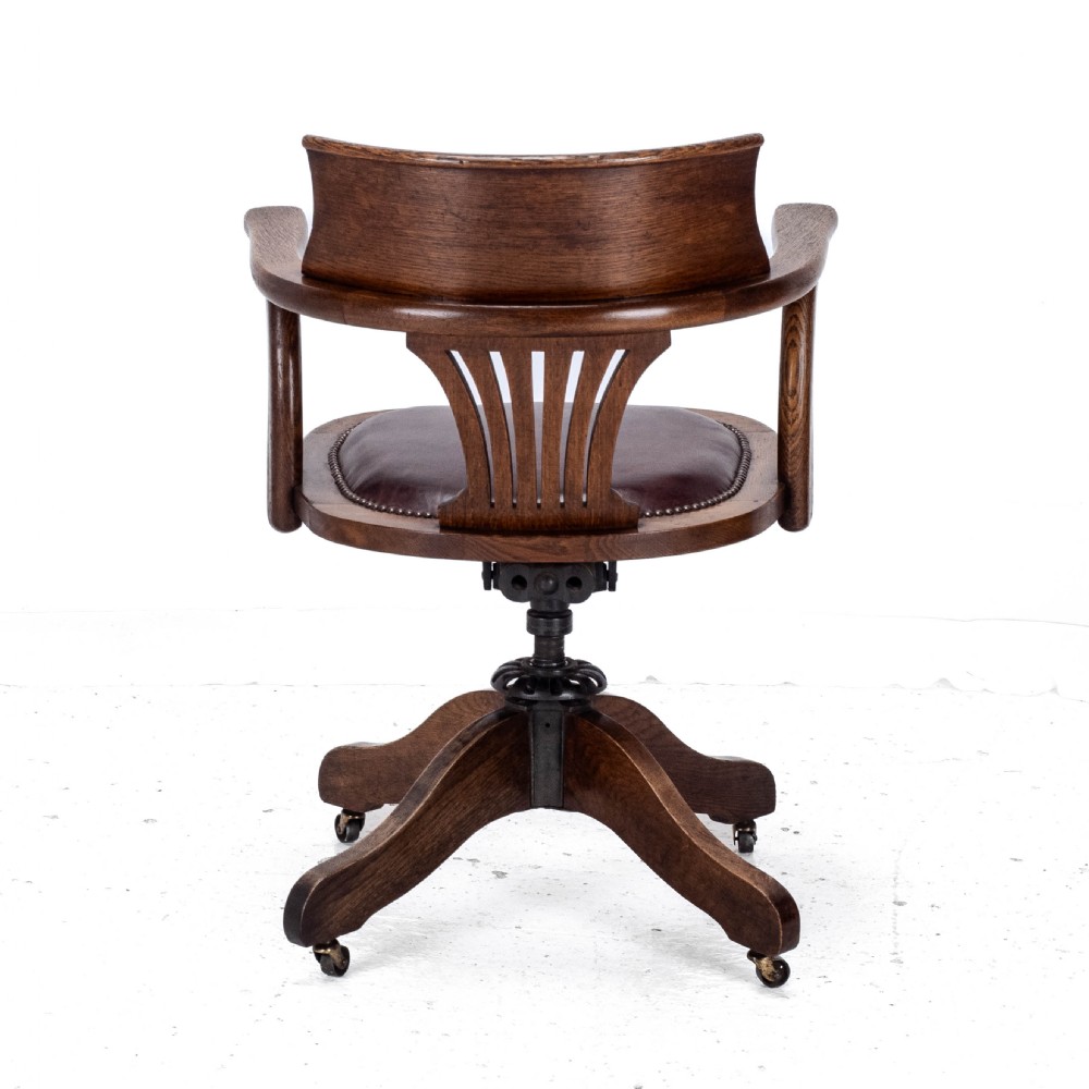 C1920s Oak Leather Upholstered Swivel Adjustable Desk Armchair View VIII