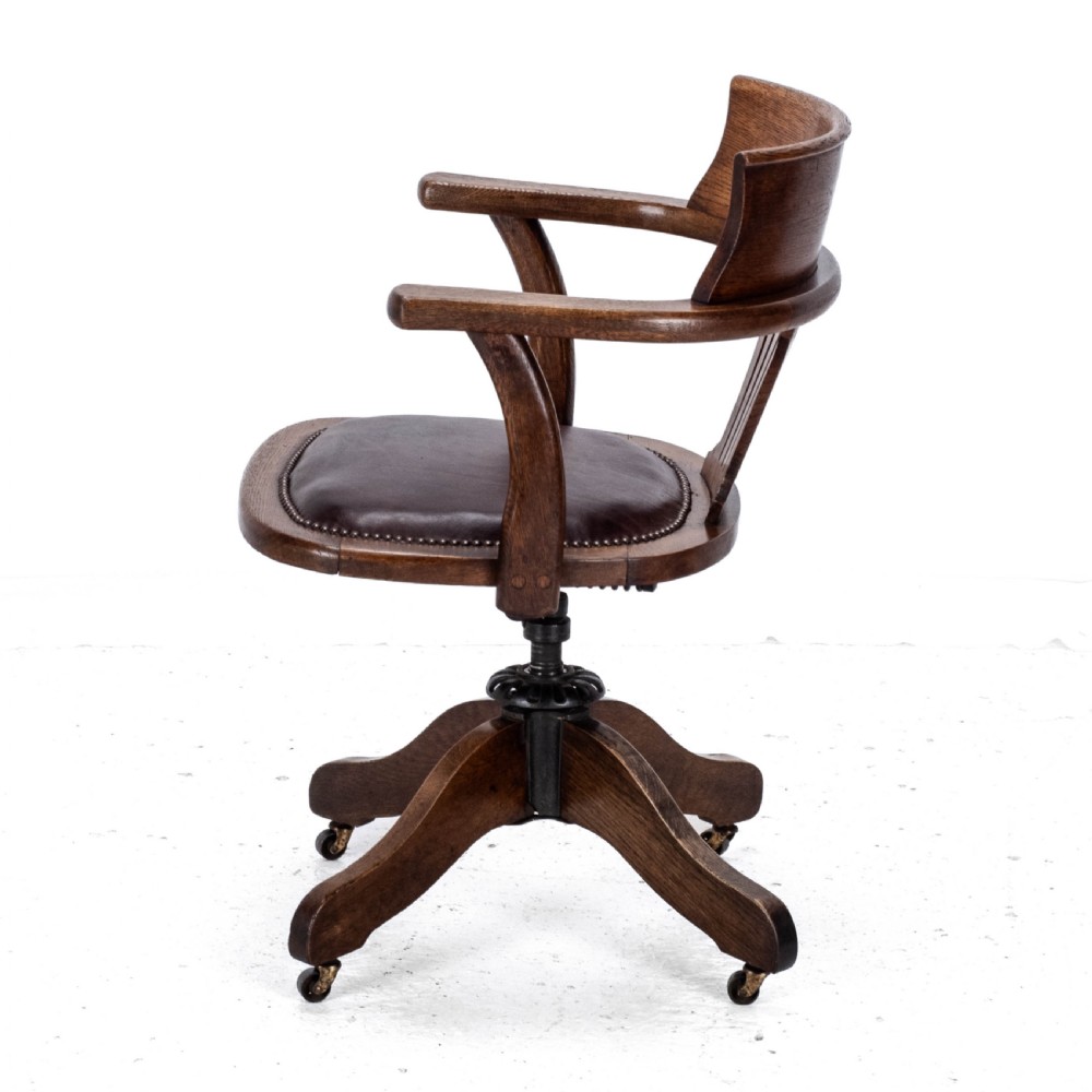 C1920s Oak Leather Upholstered Swivel Adjustable Desk Armchair View IX