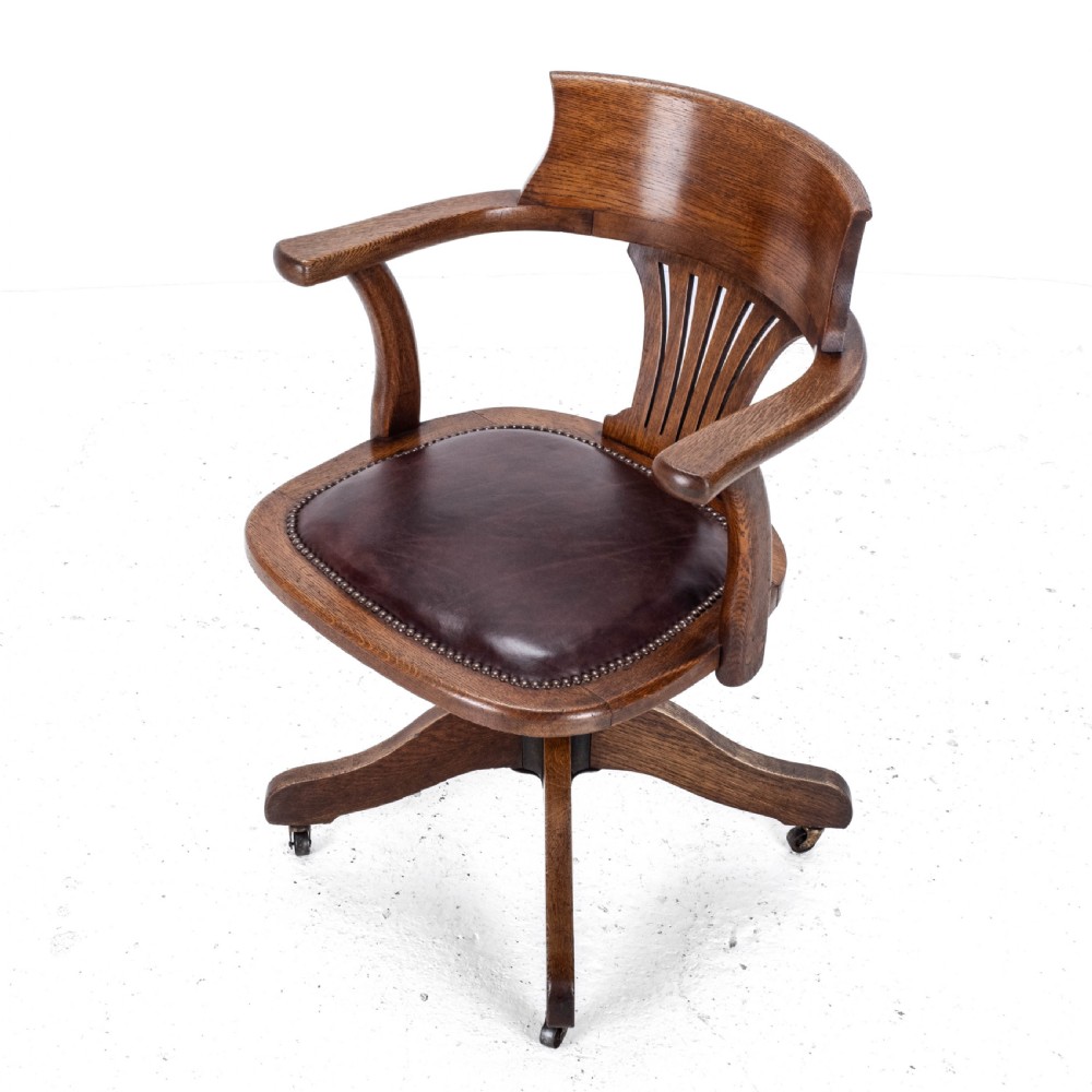 C1920s Oak Leather Upholstered Swivel Adjustable Desk Armchair View X