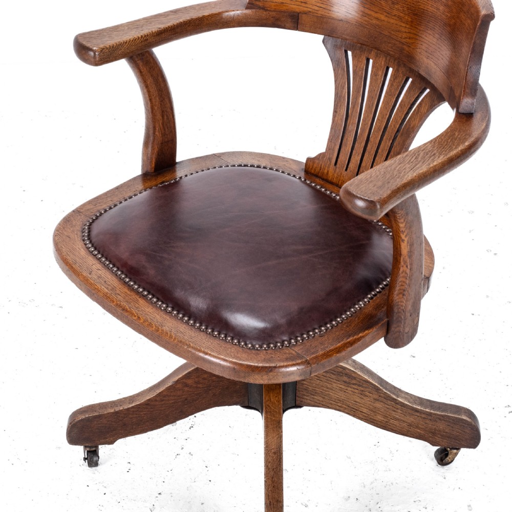 C1920s Oak Leather Upholstered Swivel Adjustable Desk Armchair View XI