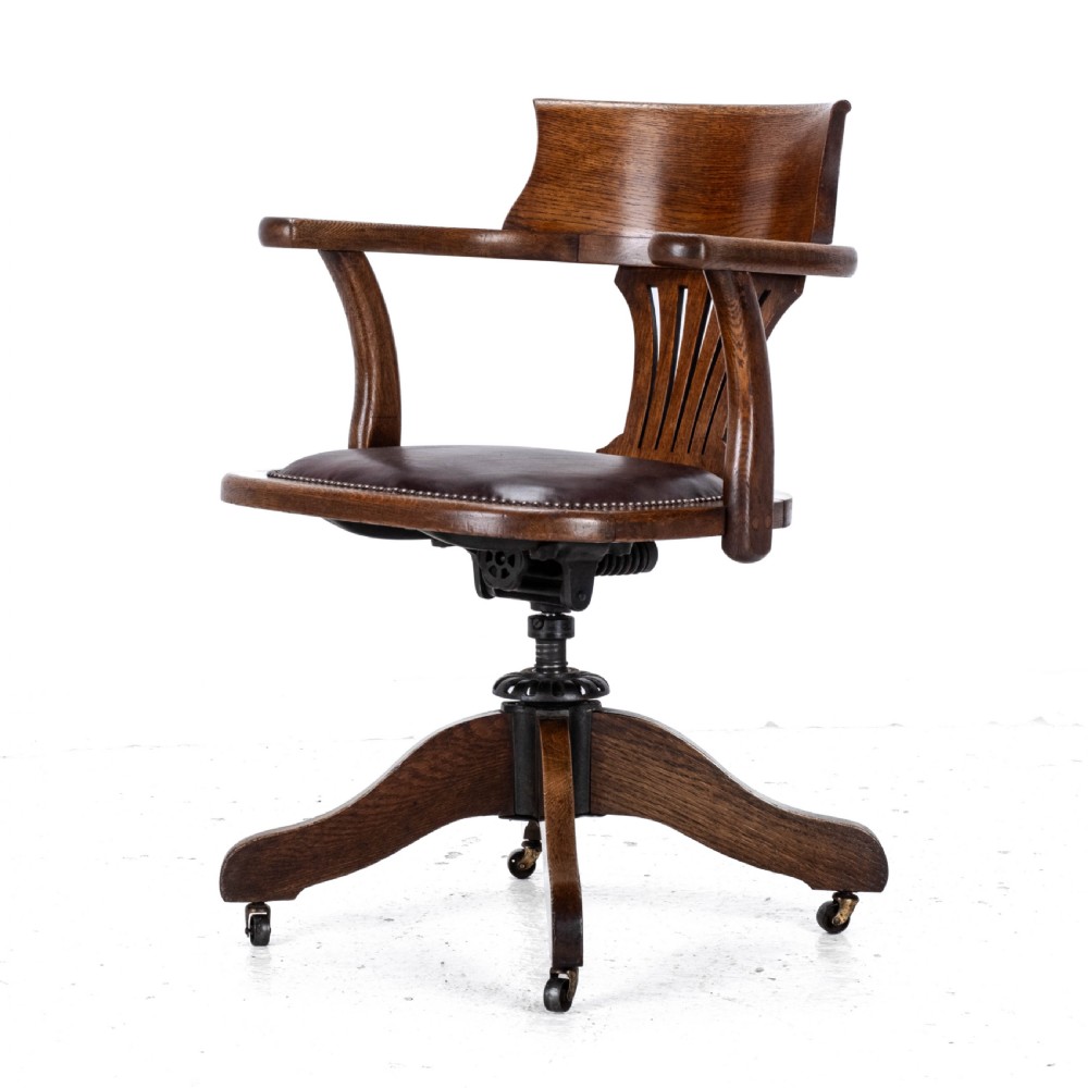 C1920s Oak Leather Upholstered Swivel Adjustable Desk Armchair View XII