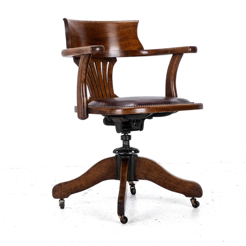 C1920s Oak Leather Upholstered Swivel Adjustable Desk Armchair View XIII