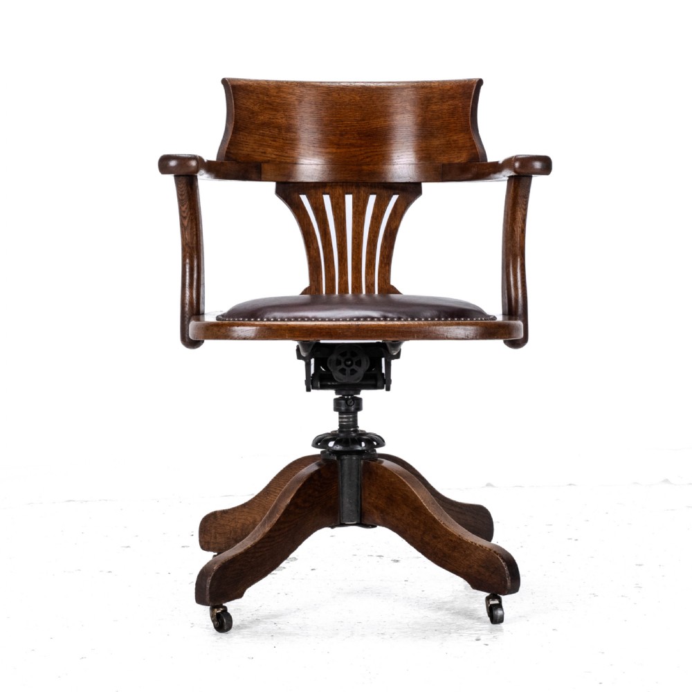 C1920s Oak Leather Upholstered Swivel Adjustable Desk Armchair View XIV