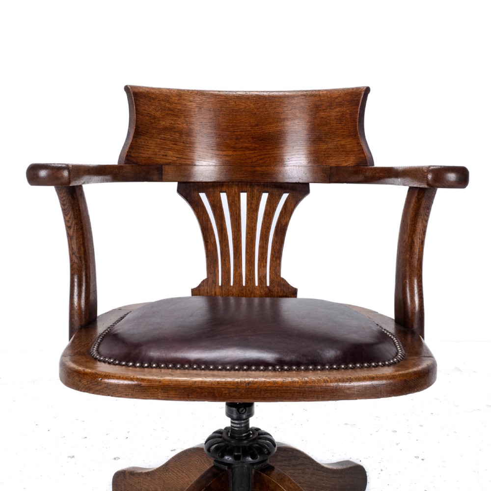 C1920s Oak Leather Upholstered Swivel Adjustable Desk Armchair View XV