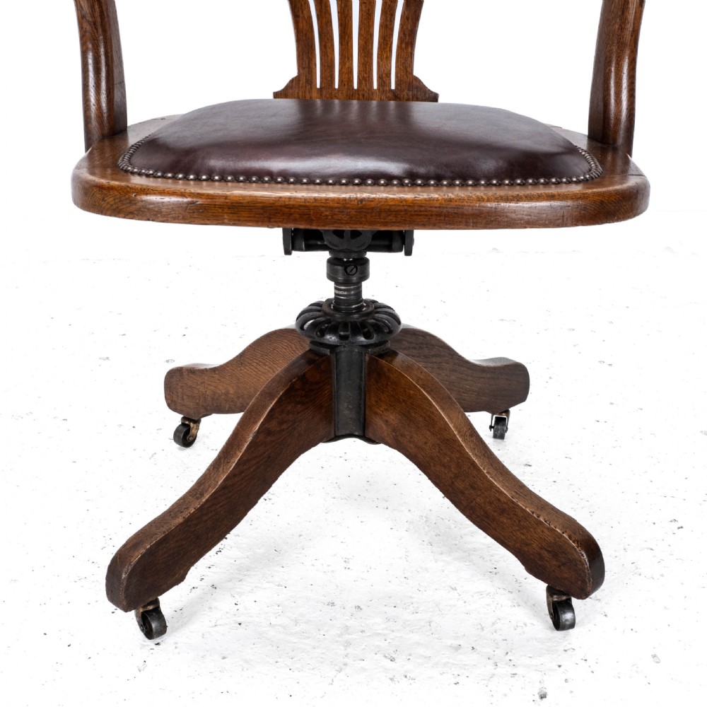 C1920s Oak Leather Upholstered Swivel Adjustable Desk Armchair View XVI