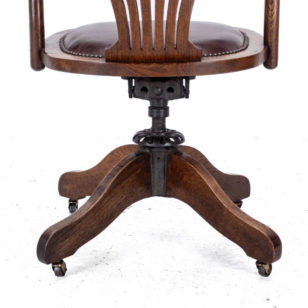 C1920s Oak Leather Upholstered Swivel Adjustable Desk Armchair View XVII