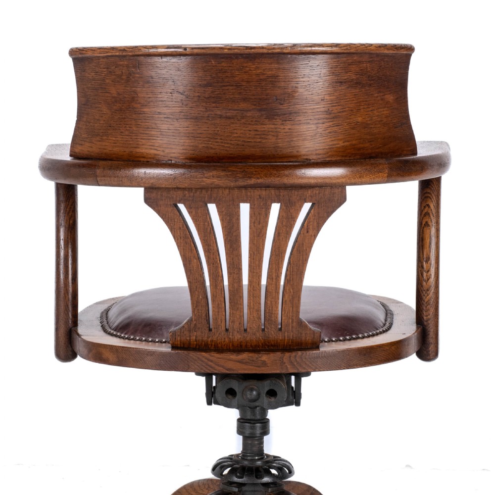 C1920s Oak Leather Upholstered Swivel Adjustable Desk Armchair View XVIII