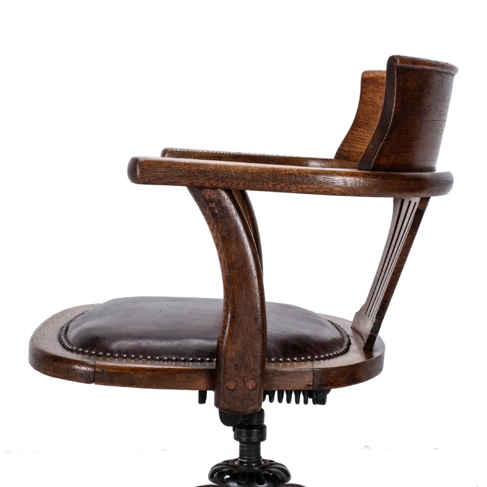 C1920s Oak Leather Upholstered Swivel Adjustable Desk Armchair View XIX
