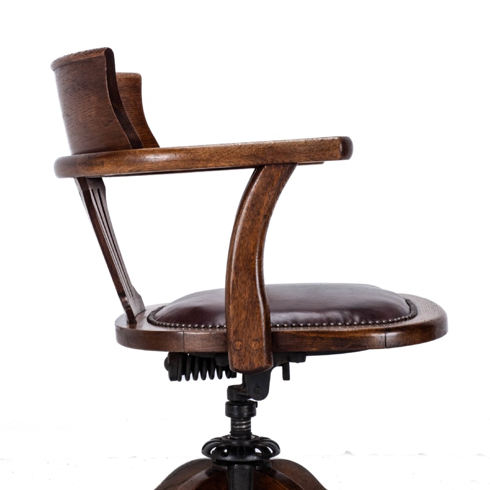 C1920s Oak Leather Upholstered Swivel Adjustable Desk Armchair View XX