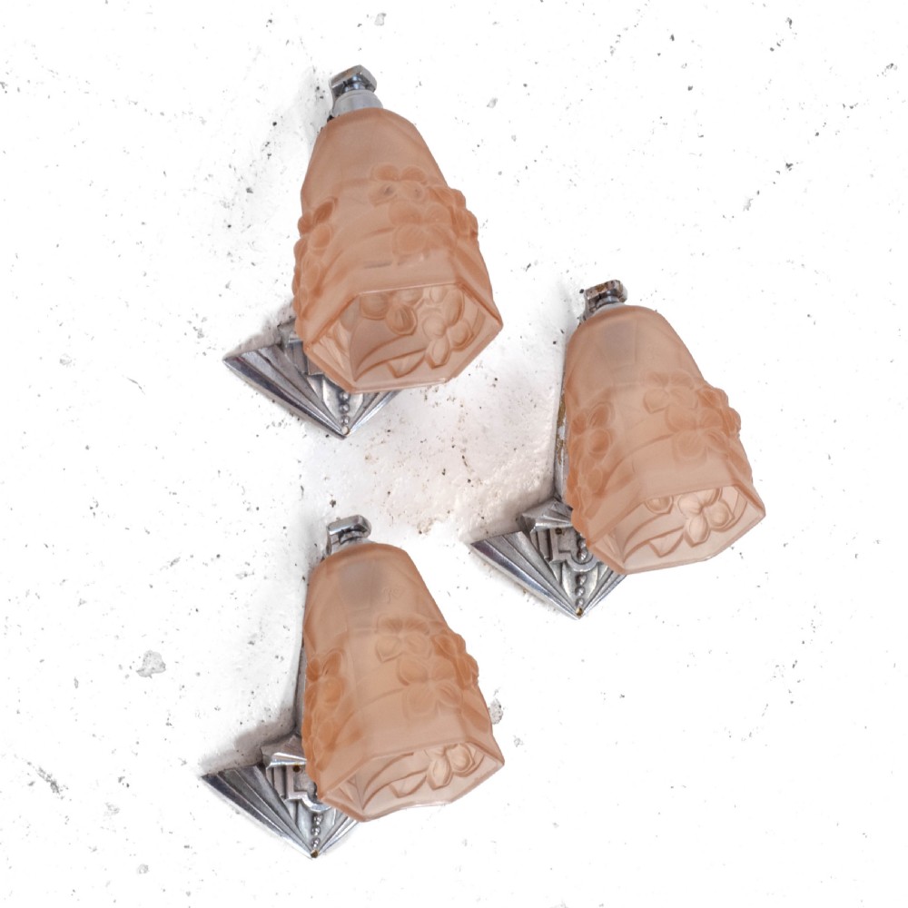 French Art Deco Set of 3 Frosted Glass Shades ROS Wall Light Sconces C1930 View IV